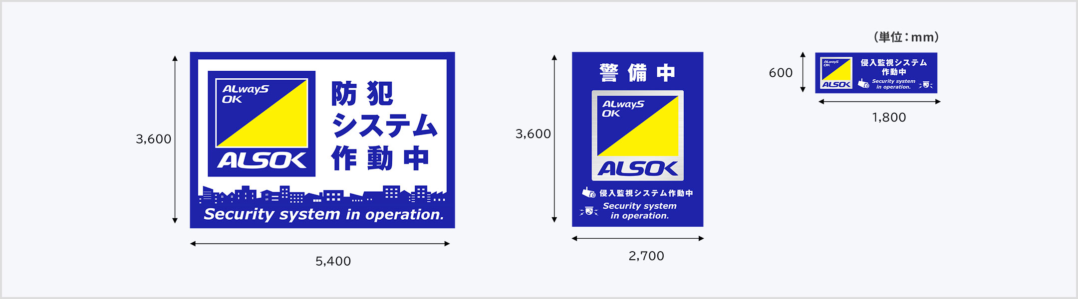 3,600mm×5,400mmのALSOKのロゴと「防犯システム作動中」と書かれたシートと、3,600mm×2,700mmのALSOKのロゴと「警備中」と書かれたシートと、600mm×1,800mmのALSOKのロゴと「防犯システム作動中 警備会社に通報されます。」と書かれたシートの3種類。
