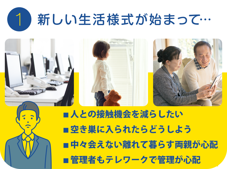 1.新しい生活様式が始まって…
			・人との接触機会を減らしたい
			・空き巣に入られたらどうしよう
　　　　　・中々会えない離れて暮らす両親が心配
			・管理者もテレワークで管理が心配