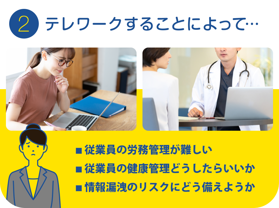 2.テレワークすることによって…
			・従業員の労務管理が難しい
			・従業員の健康管理どうしたらいいか
			・情報漏洩のリスクにどう備えようか