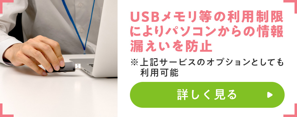 USBメモリ等の利用制限によりパソコンからの情報漏えいを防止
				※上記サービスのオプションとしても利用可能