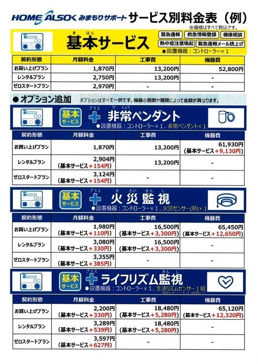 ご高齢者様向け<br>みまもりサービス料金表