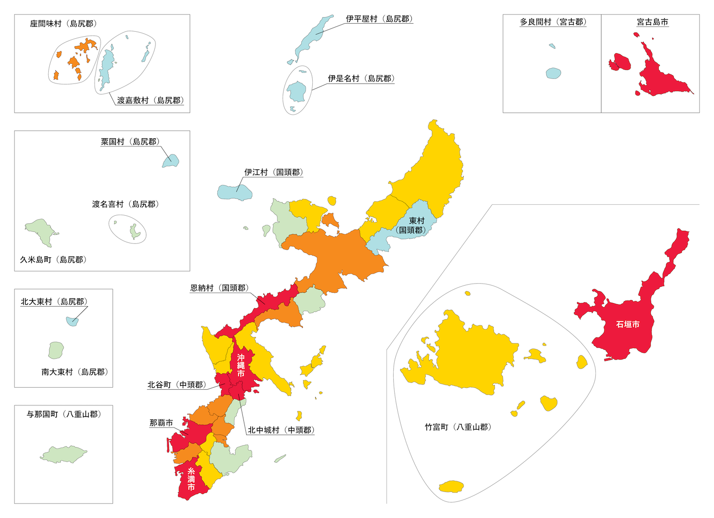 沖縄県の刑法犯遭遇率の色分け地図