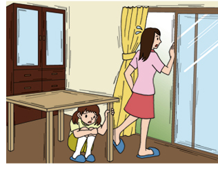 「地震が起きたら、まず頭をガード。そして脱出口の確保。」イラスト